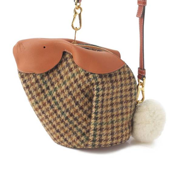 Loewe Handbags - Loewe Bunny Tweed x Leather Check Shoulder Bag Brown